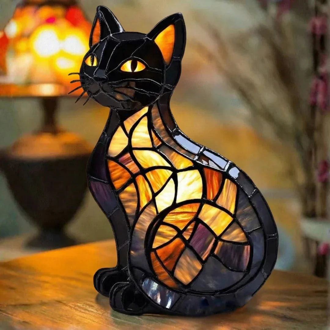 Lesklá mačka — Vitražová lampa