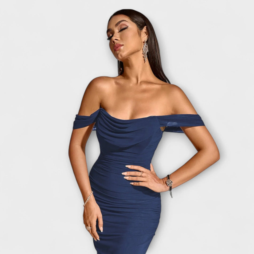 Ione   ｜ Šaty Bodycon s odhalenými ramenami a riasením