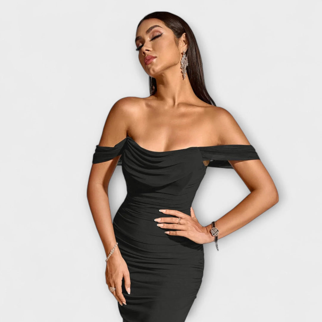 Ione   ｜ Šaty Bodycon s odhalenými ramenami a riasením