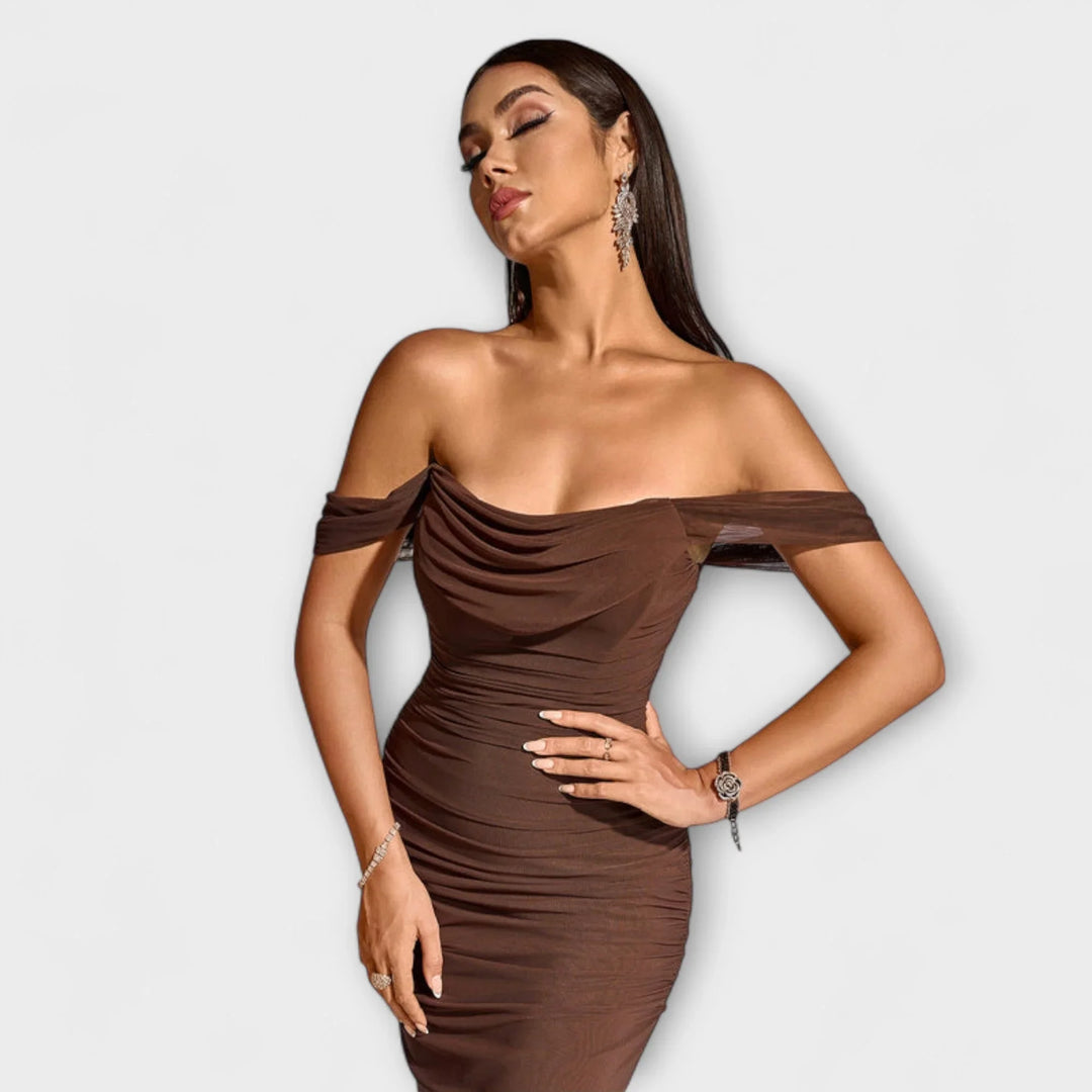Ione   ｜ Šaty Bodycon s odhalenými ramenami a riasením