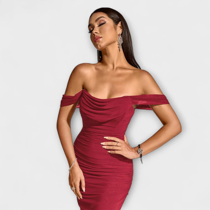 Ione   ｜ Šaty Bodycon s odhalenými ramenami a riasením