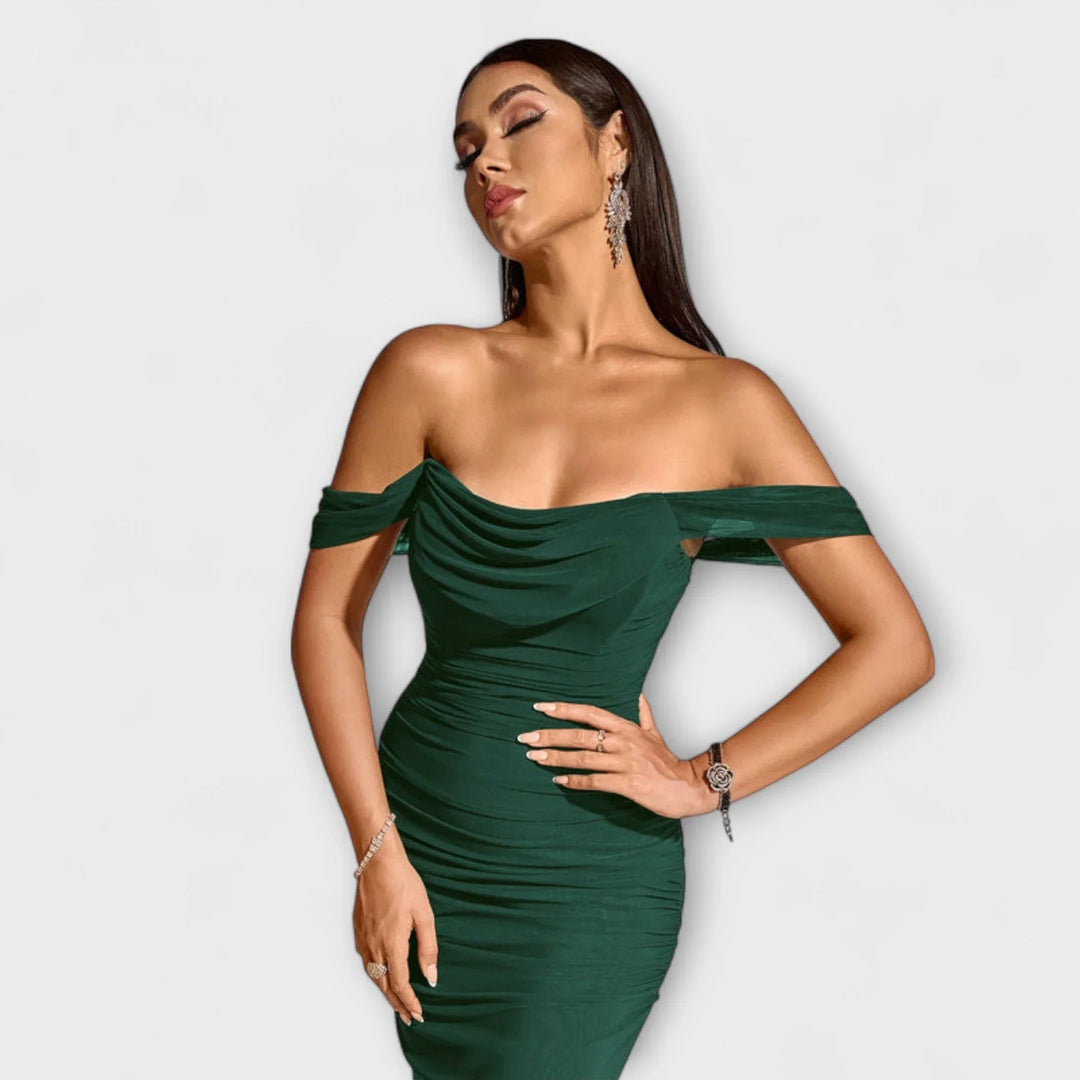 Ione   ｜ Šaty Bodycon s odhalenými ramenami a riasením