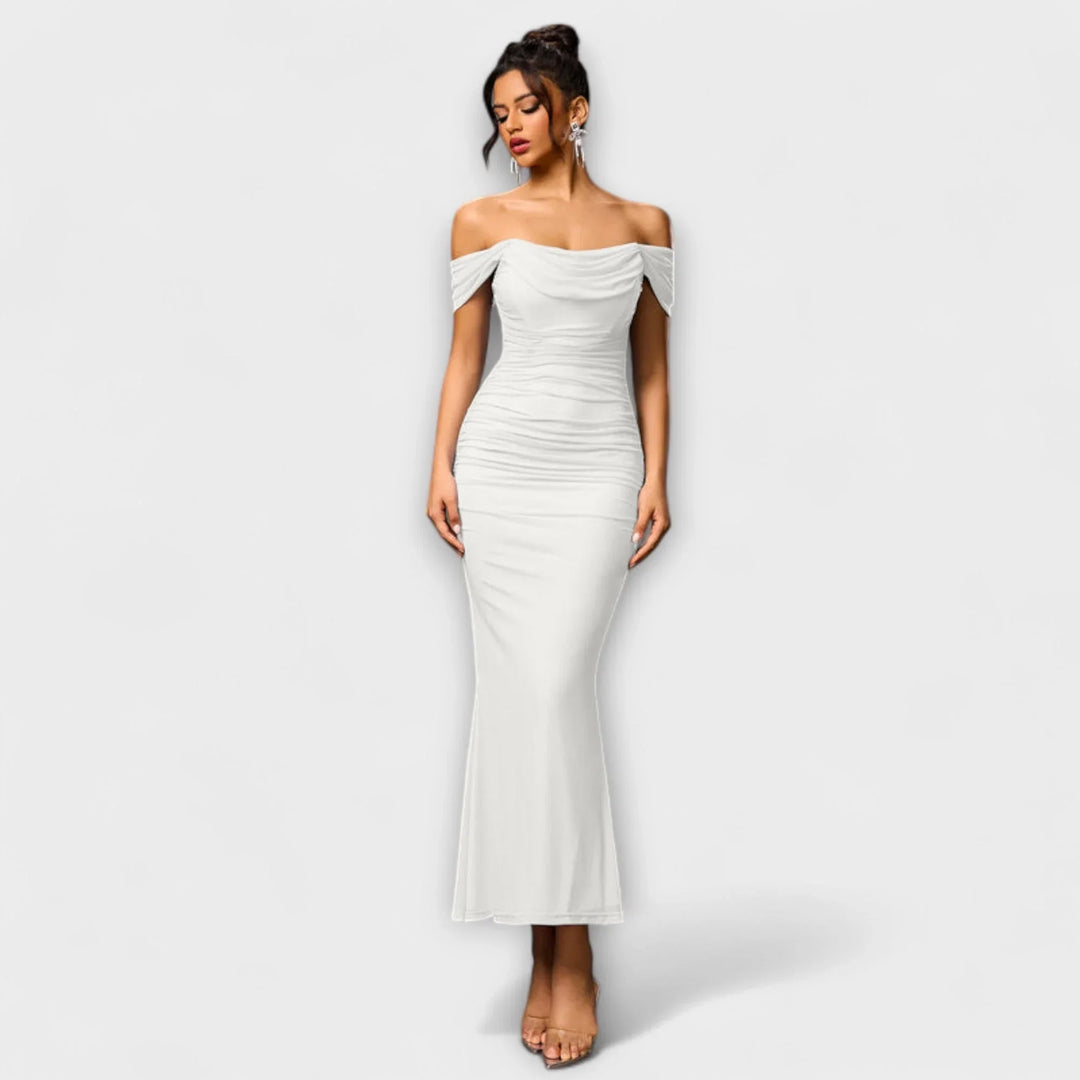 Ione   ｜ Šaty Bodycon s odhalenými ramenami a riasením