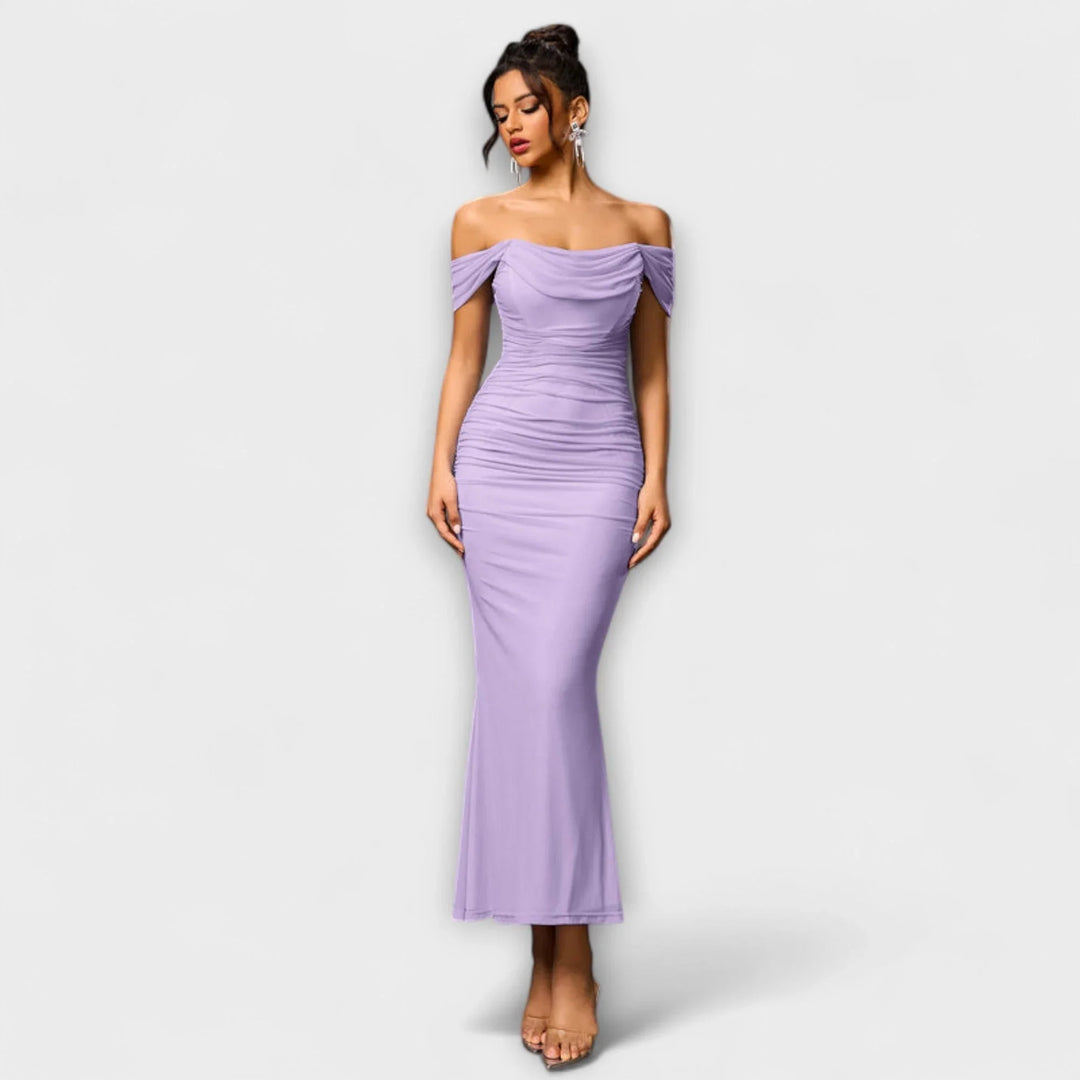 Ione   ｜ Šaty Bodycon s odhalenými ramenami a riasením