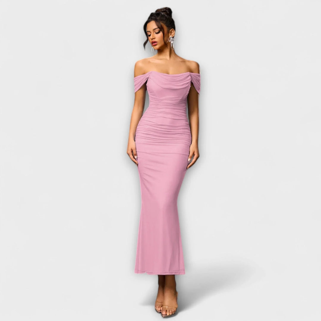 Ione   ｜ Šaty Bodycon s odhalenými ramenami a riasením
