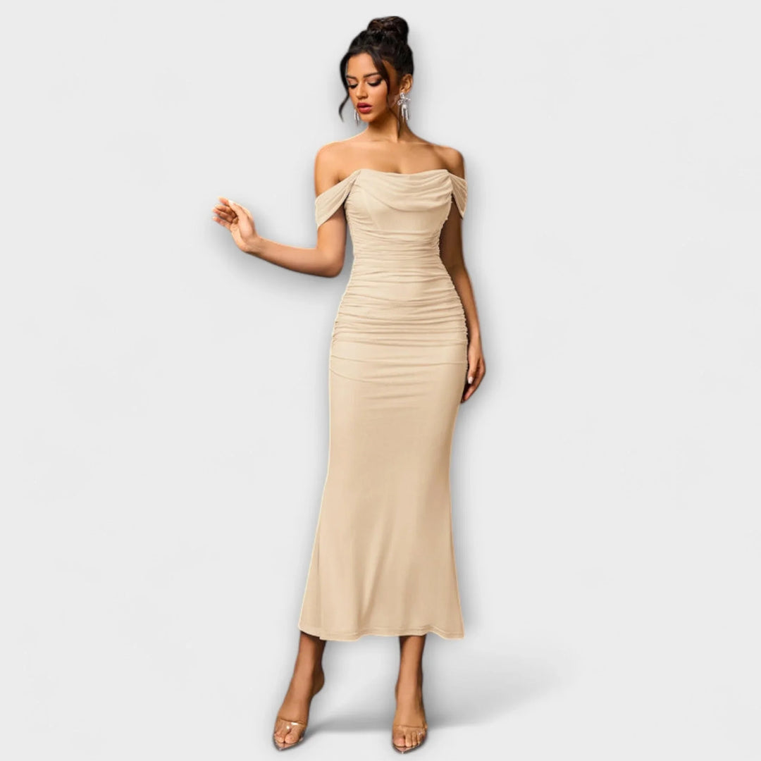 Ione   ｜ Šaty Bodycon s odhalenými ramenami a riasením