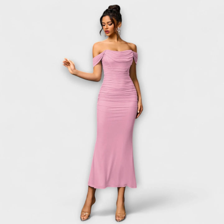Ione   ｜ Šaty Bodycon s odhalenými ramenami a riasením