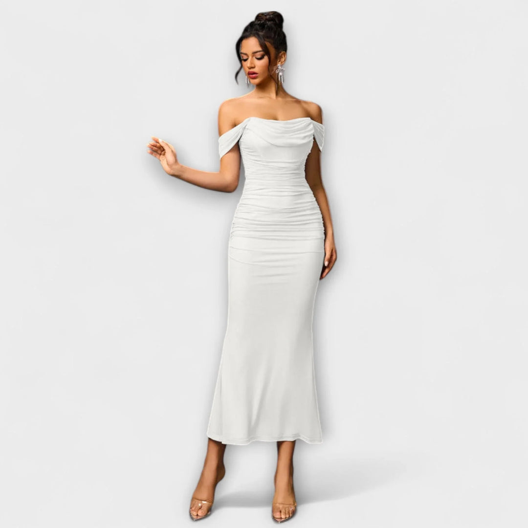 Ione   ｜ Šaty Bodycon s odhalenými ramenami a riasením