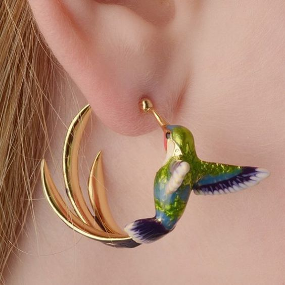 Náušnice vintage, okrúhle, so smaltovaným kolibríkom