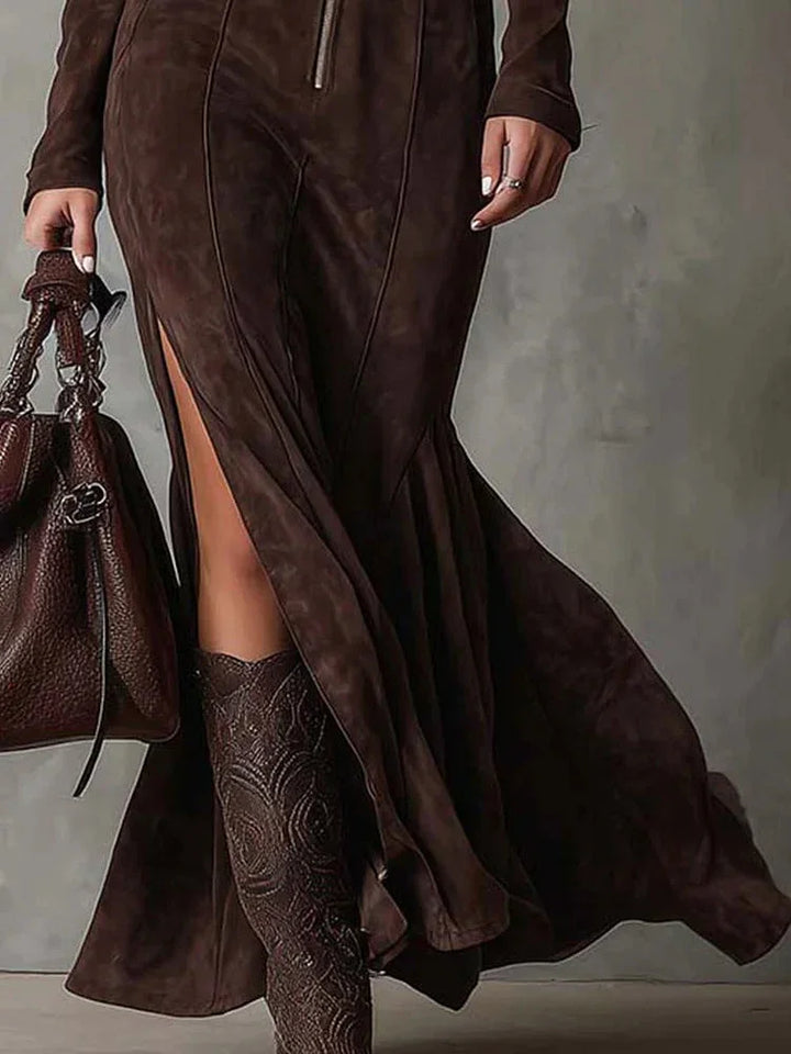 Julina | Elegantná Dlhá Šaty z Imitácie Semišu