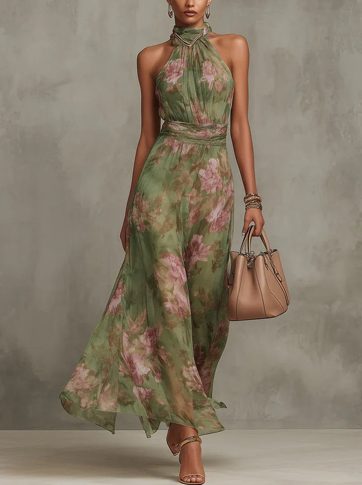 Livia - Elegantné kvetinové maxi šaty s halter výstrihom